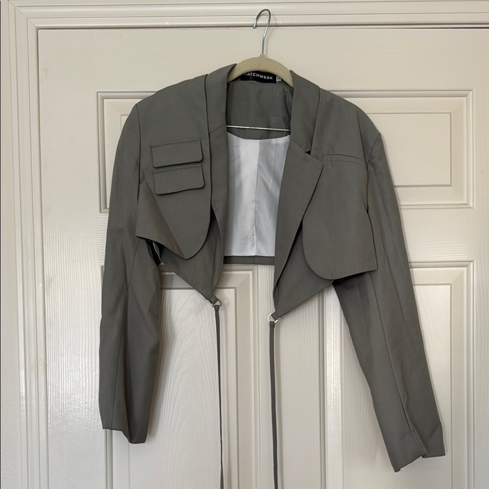 Olive Green Cropped Blazer with Tie